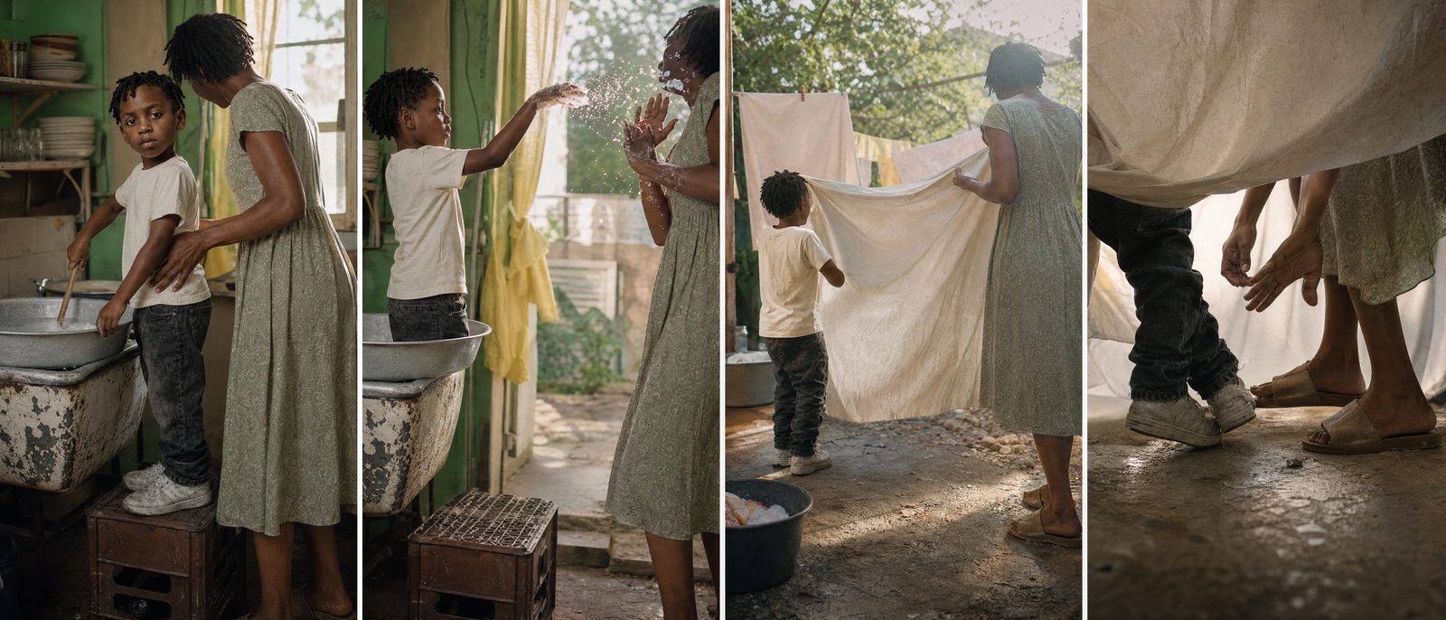 Laundry keyframes: Marcus at eight and his mother at the washtub. Her face stays hidden in every panel.