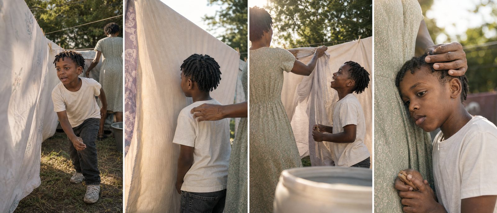 Backyard keyframes: Hide and seek in the hanging sheets, her hand on his head.