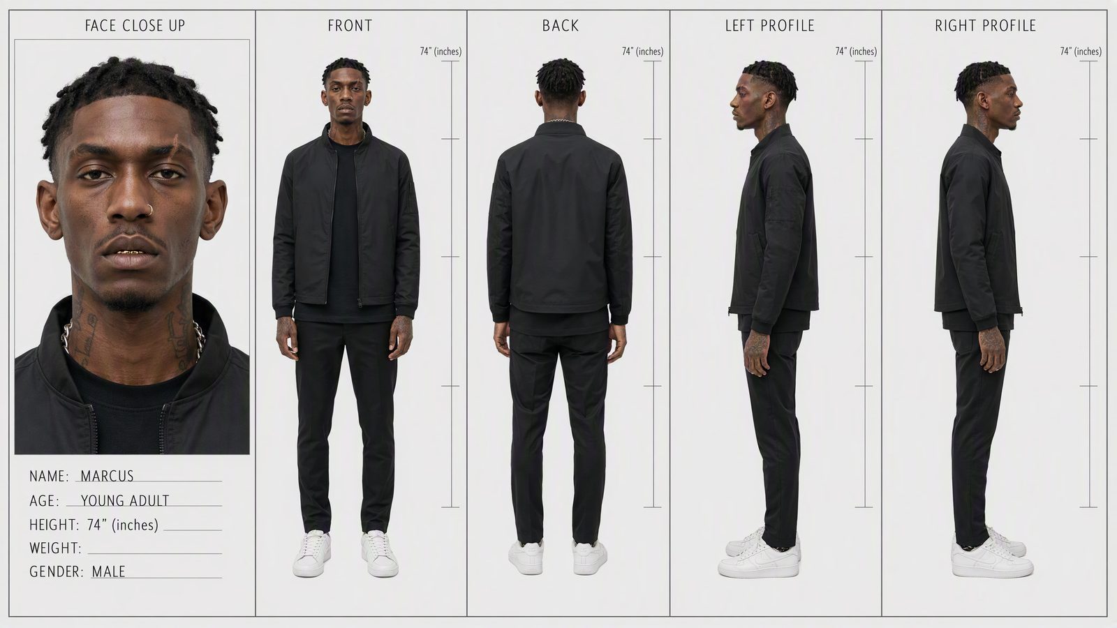 Early explorations: Marcus before the look was found: all-black model sheets.