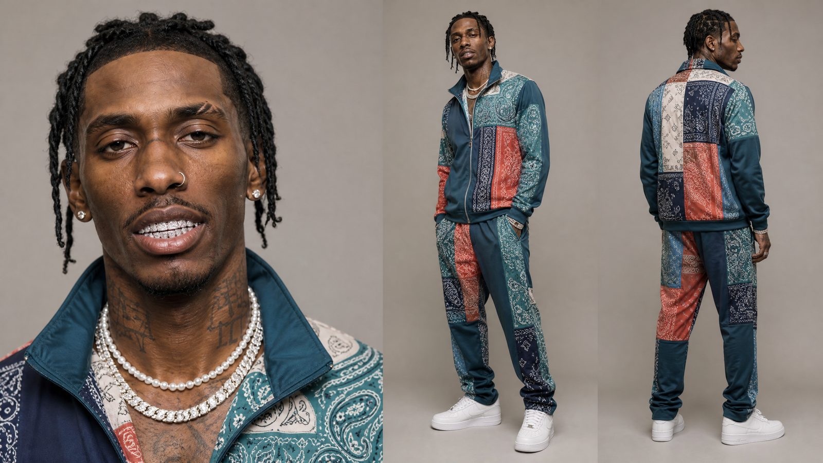 Marcus: The final sheet: locs, diamond grill, pearls over the iced chain, the patchwork tracksuit. It rides every Marcus prompt as @Image1.