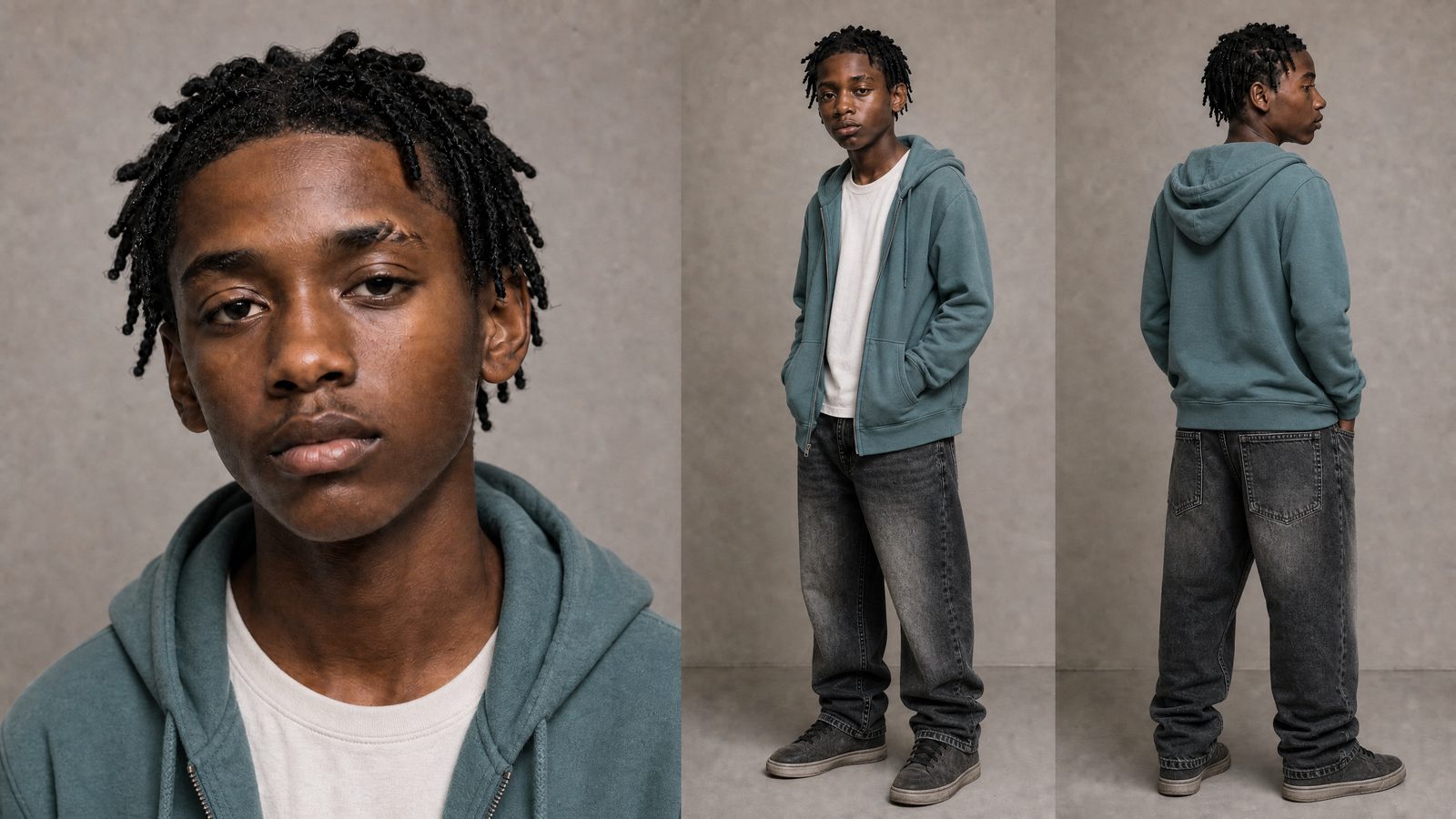 Marcus at sixteen: The washed teal hoodie he wears in the kitchen flashback.