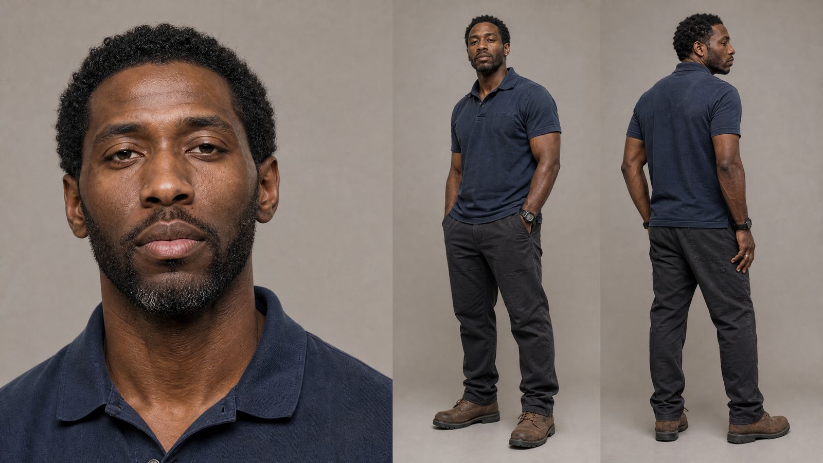 Ray: The final sheet: a beard greying at the chin, the navy work polo. It rides every Ray prompt as @Image2.