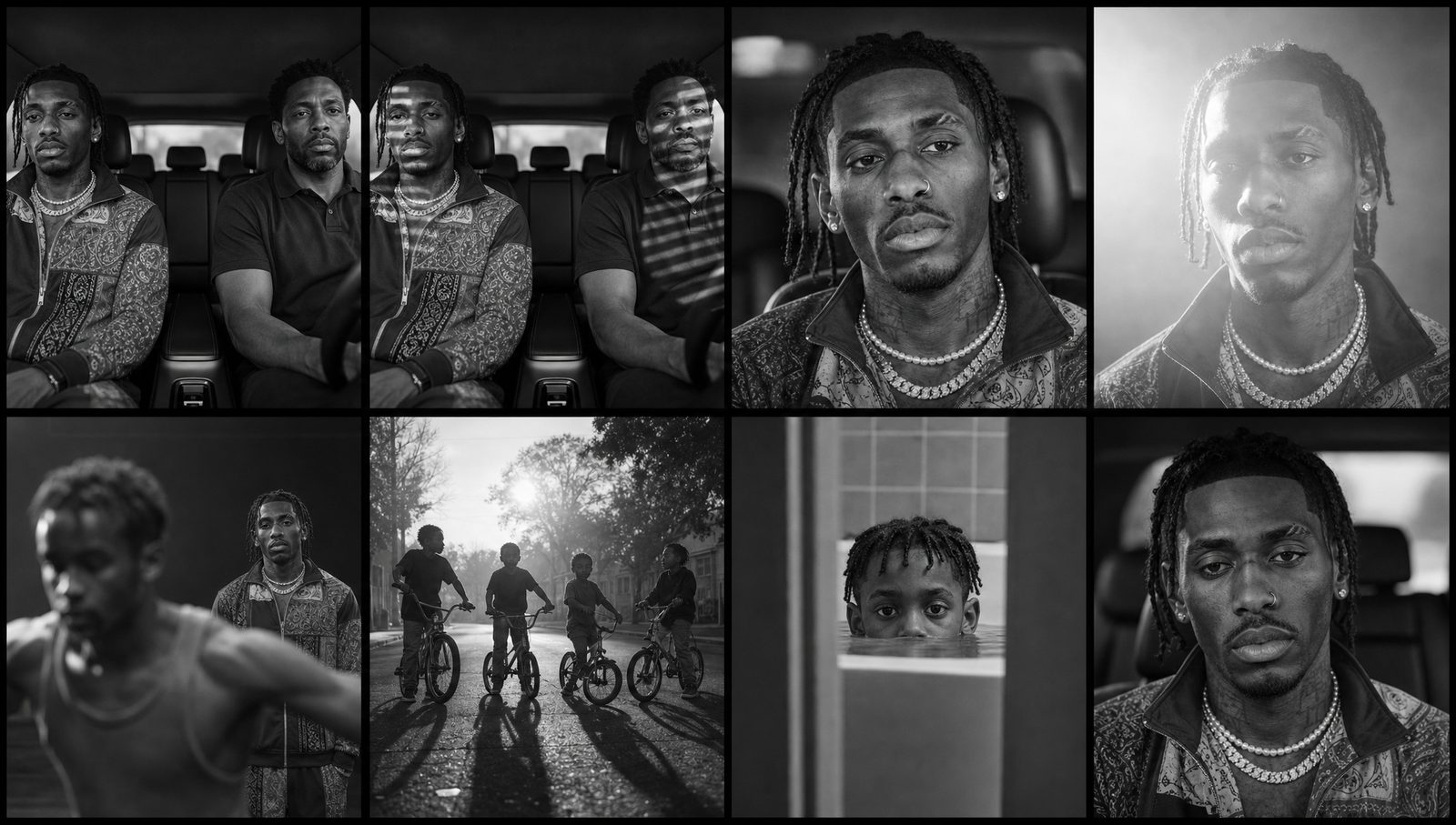 Pre-vis grid: Eight black-and-white panels to test blocking and rhythm: the brothers in the car, the boy.