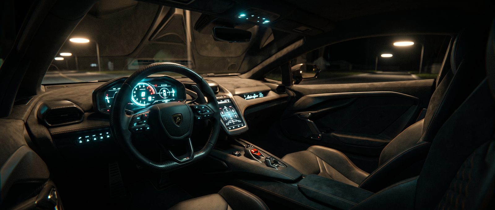 The cabin: The empty passenger seat of the cockpit, lit only by the cluster, with room for a driver.