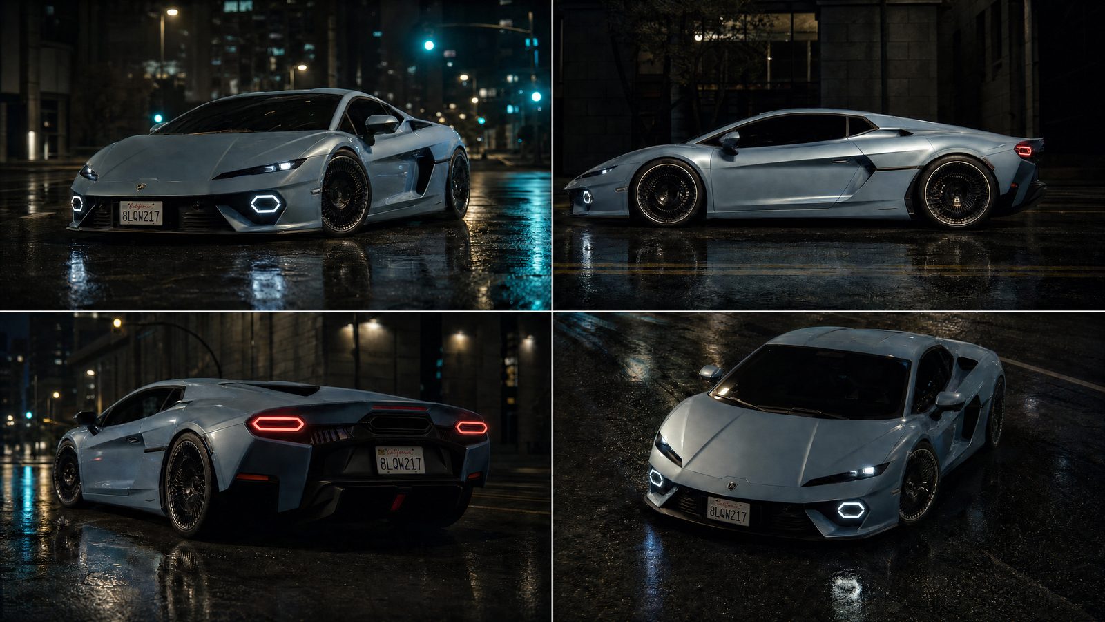 The Lamborghini: The canonical car: four views at night, with the California plate. Attached to every car render.